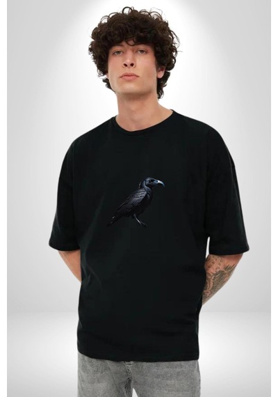 Siyah Karga Pamuklu Bisiklet Yaka Unisex Oversize Boyfriend Dijital Baskılı Siyah T-shirt Siyah