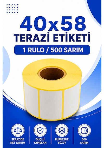 40x58mm Terazi Etiketi 1 Rulo 500 Sarım Ribonsuz Perakende, Market Yapışkanlı