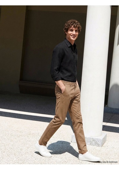 Kip Deve Tüyü Düz Dokuma Regular Fit Casual Pamuk Karışımlı Pantolon Camel