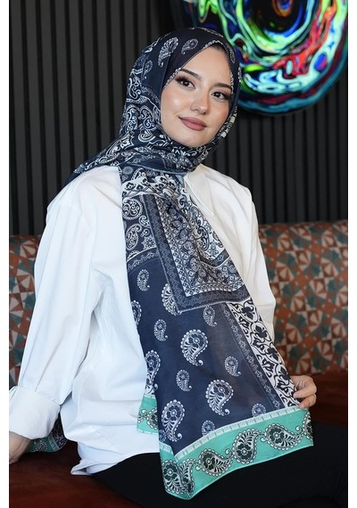 Paisley Desen Lacivert Soft Pamuk Şal Lacivert Çok Renkli