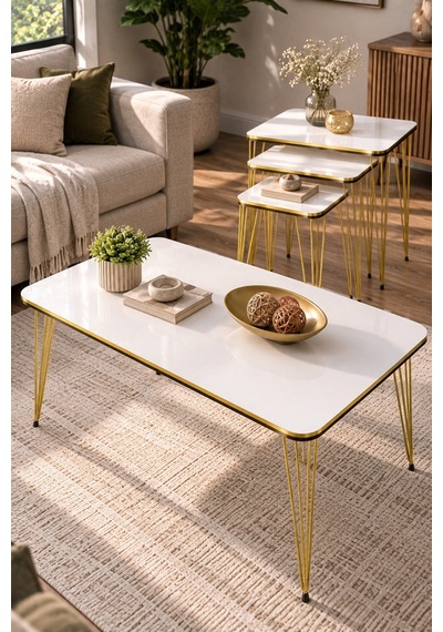 Sulorahome Gold Tel Ayaklı 4'lü Sehpa Seti Beyaz Altın - Beyaz