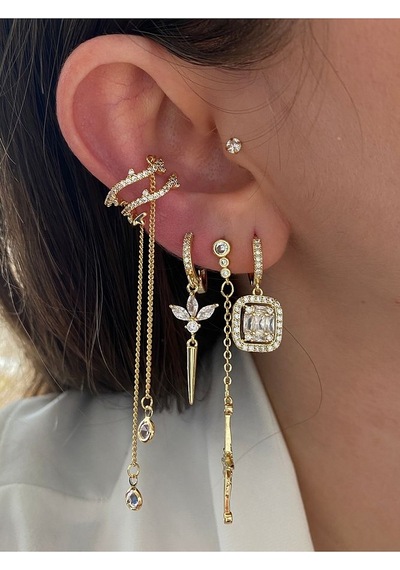 Pinery Jewels Baget Ve Zirkon Taşlı 3'lü Altın Kaplama Kadın Küpe Seti Altın