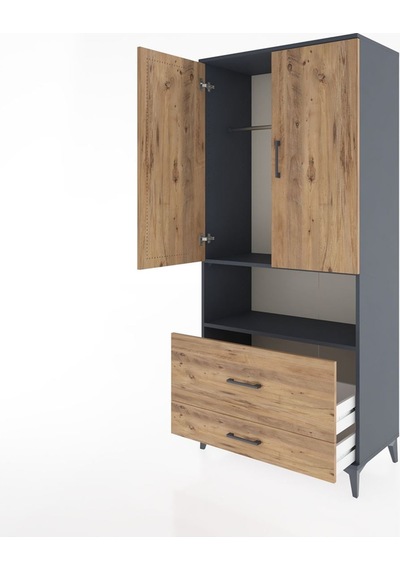 Hyperion Dolap 2 Raflı 2 Çekmeceli Tek Askılı 88x44x195 Antrasit-çam Antrasit
