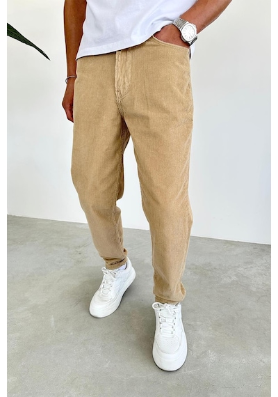 Krem Kadife Fitilli Regular Pantolon Krem