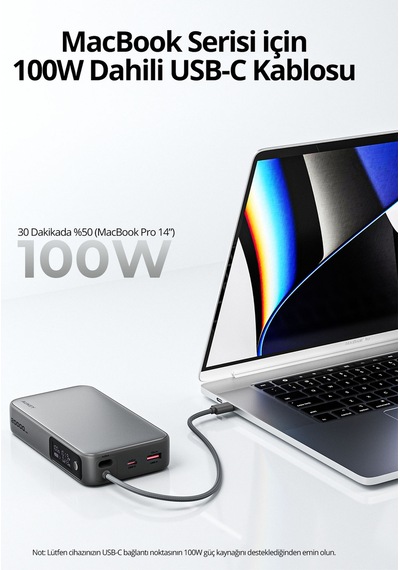 Aukey Pb-y48-gy 100w 20000 Mah Pd Destekli Dahili Type-c Kablolu Powerbank - Gri