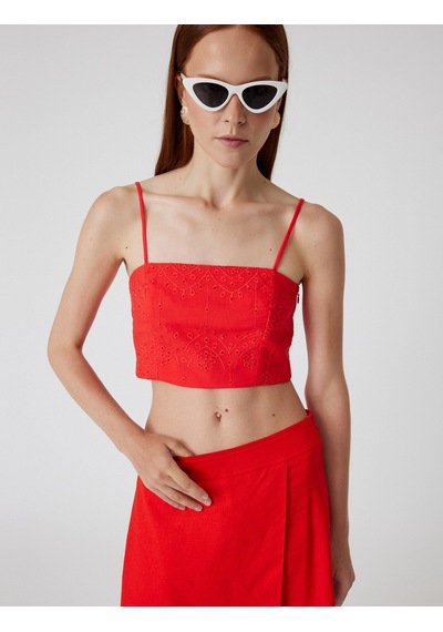 Koton Fistolu Büstiyer İnce Askılı Crop Slim Fit Kırmızı 4sak30090pw