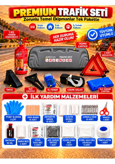 Trafik Ve İlk Yardım Seti Tüvtürk Muayene Uyumlu Ce Belgeli Abc 1kg Yangın Söndürücü Ve E Belgeli Reflektör-gri