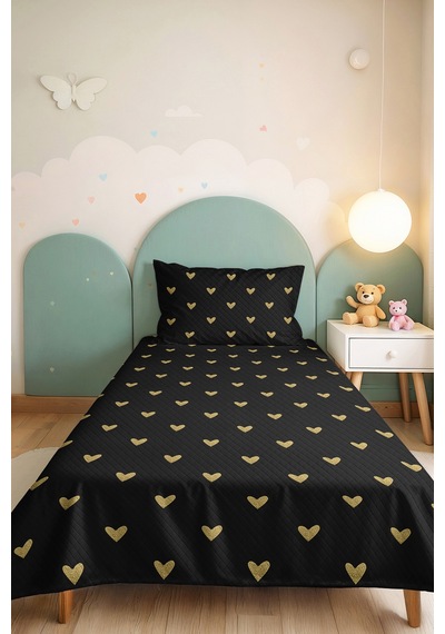 Siyah Kalpler Minimal Genç Odası Tek Kişilik Pike Takımı - Altın 160x220 Cm Kapitone Yatak Örtüsü Siyah