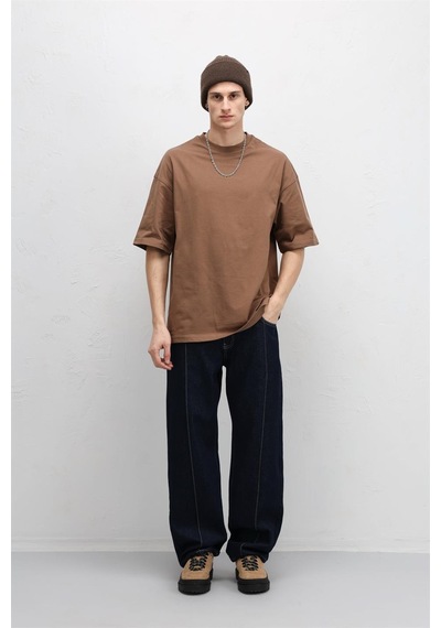 Vamos Basic Oversize Bisiklet Yaka Tişört Kahve