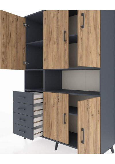 Hyperion Dolap 7 Raflı 4 Çekmeceli 5 Kapaklı 132x44x195 Antrasit-çam/antrasit Atlas Çam/antrasıt