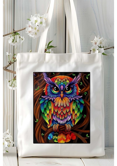 Art Hediye Baykuş Baskılı Omuz Çanta Kişiye Özel Model 1 Çok Renkli