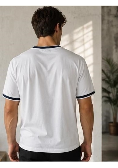 Ribana Erkek Kısa Kollu Bisiklet Yaka Şerit Detaylı Düz Renk T-shirt 4224 Beyaz