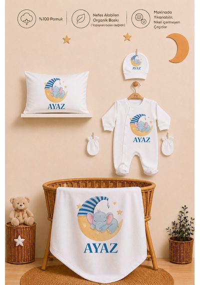 Pia Baby Erkek Bebek Yeni Doğan Hastane Çıkışı 11 Parça İsimli %100 Pamuk Organik Baskılı Set 2019113x Ekru