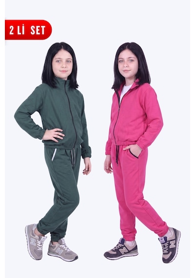Fyk Kids Kız Çocuk 2'li Dik Yaka Fermuarlı Beli Bağcıklı Lastik Paça Eşofman Takımı Haki-fuşya
