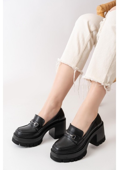 Asmi Shoes Kadın Cilt Tokalı 8 Cm Yüksek Topuklu Leofer Siyah Siyah