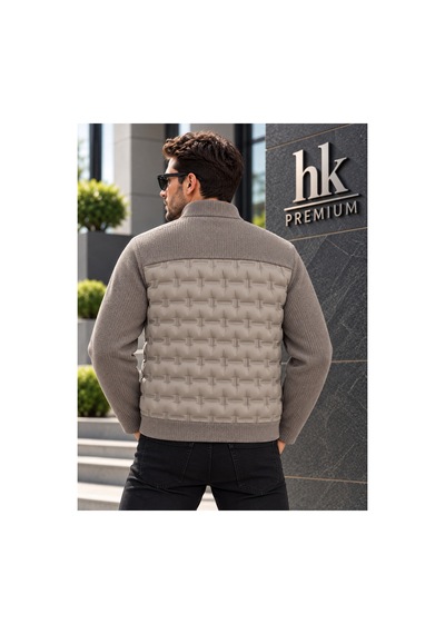 Hk Premium Erkek Mont Daire Baskı Örme Triko %100 Polyester Dik Yaka Ceket Bej