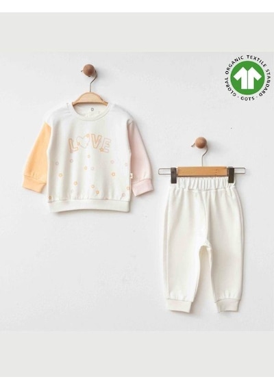 Zekids Kız Bebek Kalp Desenli Love Yazılı Organik Eşofman Takım-15472 Çok Renkli