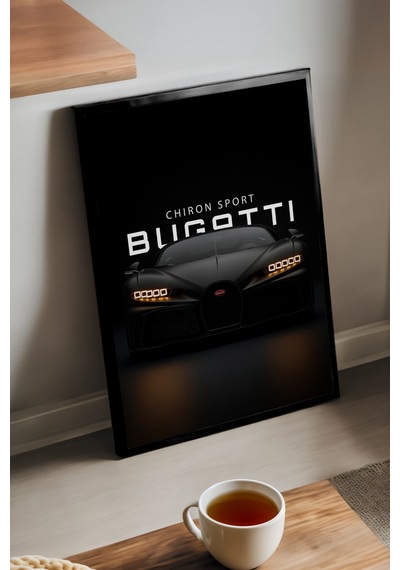 Bugattio Chiron Sport Siyah Ahşap Çerçeveli Poster, Dekoratif Araba Duvar Tablosu