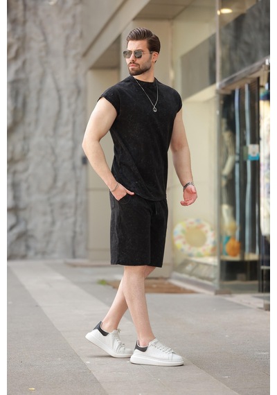 Madmext Siyah Basic Erkek Yırtık Detaylı Şort T-shirt Takım E7319