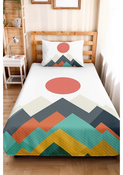 Geometrik Dağ Turkuaz Genç Odası Tek Kişilik Pike Takımı - Modern Gri Mercan 160x220 Cm Yatak Örtüsü Kadife Akşam Serabı