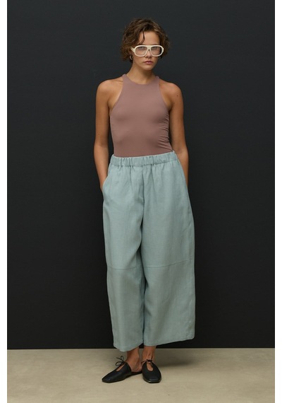 Molene Koyu Mint Kesik Detaylı Crop Barrel Keten Pantolon
