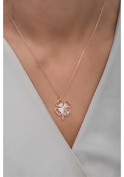 925 Ayar Gümüş Baget Taşlı 4 Kalpli Yonca Kolye Rose Gold