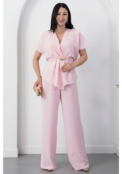 Kalopya Kruvaze Yaka Tokalı Pantolon İkili Takım Grs3983 Pembe