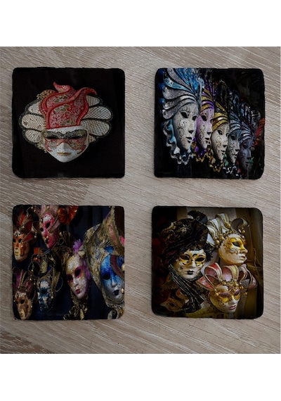 Venedik Masklar Doğal Taş Bardak Altlığı 4'lü Set - Natural Stone Coasters - Taş Çok Renkli