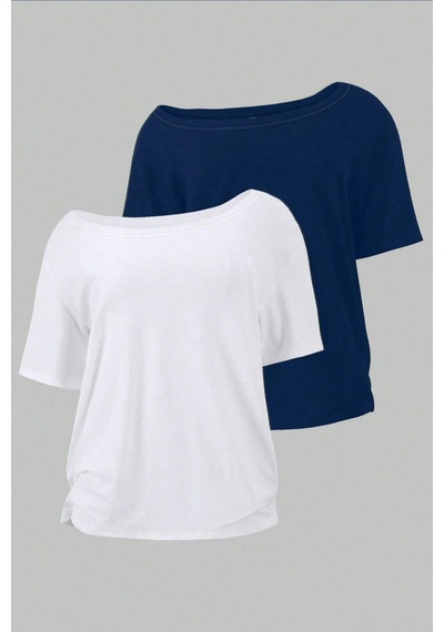 Lacivert Beyaz 2li Paket Kadın Düşük Omuz Kayık Yaka Oversize T-shirt Lacivert - Beyaz