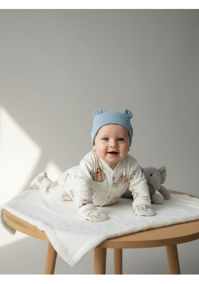Zekids Bebek Pamuklu Eldivenli Üst Ve Patikli Altlı Pijama Takımı-16787 Bej