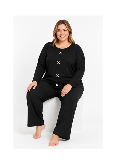 Sleeproom Büyük Beden Kadın Kaşkorse Mevsimlik Siyah Pijama Takımı
