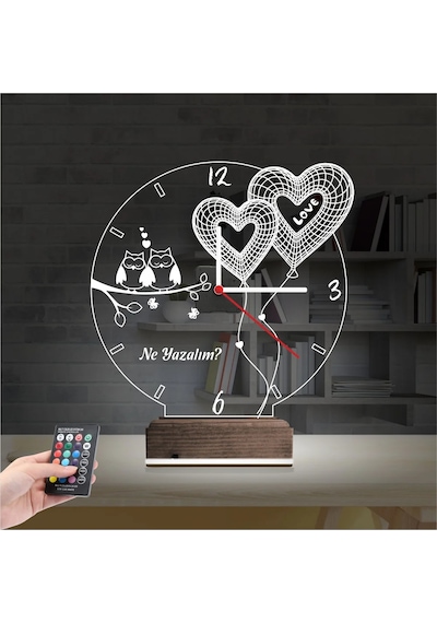 Luvivia Sevgiliye Hediye Kalp Baykuş Kişiye Özel Saatli 3d Lamba - Masa Gece Lambası