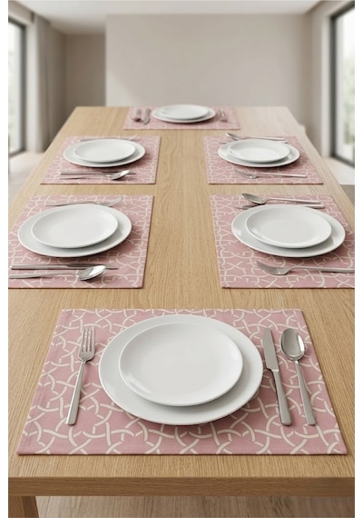 Pembe Tabak Altlığı 6'lı Amerikan Servis Takımı Sıvı Geçirmez Leke Tutmaz Kumaş Yemek Masası