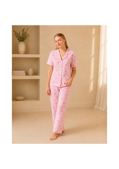Fit Women Ekose Fiyonk Desenli Kısa Kollu Pijama Takımı Kadın Düğmeli Uzun Alt Pembe Pijama Takımı 4633