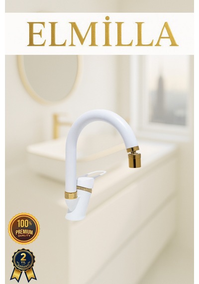 Beyaz Gold Banyo Lavabo Musluğu Bataryası Baston Borulu Lüx Tasarım Çif Su Giriş Oynar Başlıklı