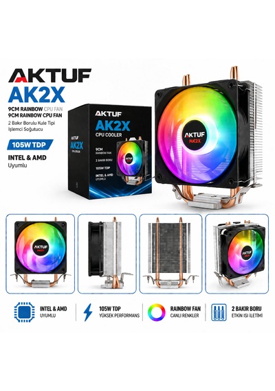 Aktuf Ak2x Rainbow 2 Bakır Borulu 105 Tdp Amd/intel Kule Tipi Yüksek İşlemci Soğutucusu 90mm