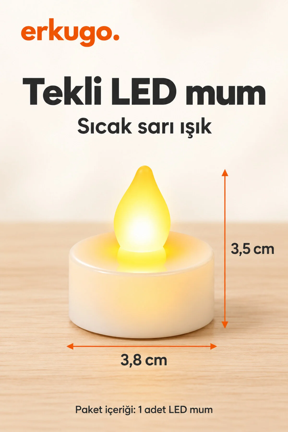 Erkugo 1 Adet Tealight Led Mum 3,5 X 3,8 Cm Sıcak Sarı Işıklı Alev Efektli Dekoratif Mini Mum Beyaz