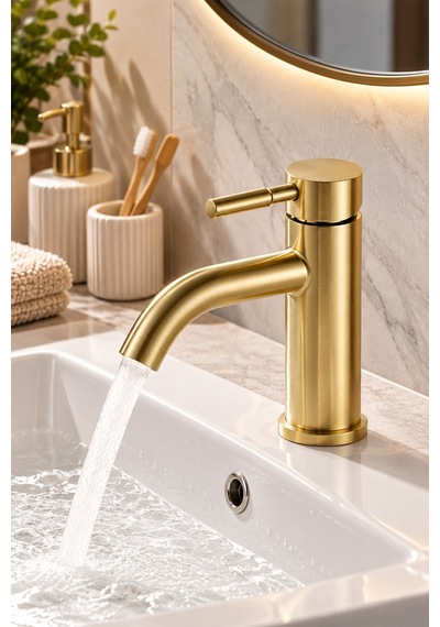 Alfas Lavabo Bataryası Mat Gold Fırçalı Altın 304 Paslanmaz Çelik Aç Kapa Banyo Bataryası Uzun Gaga