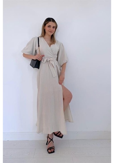 Elbee Fashion Woman Kuşaklı Müslin Elbise - Bej-7108