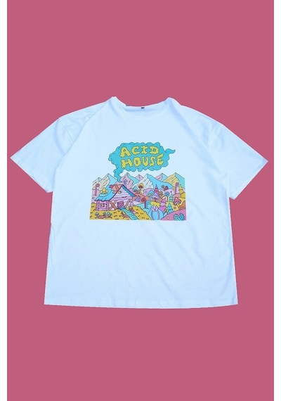 Tarzsokak Acid House / Psychedelic Oversize Tişört Beyaz