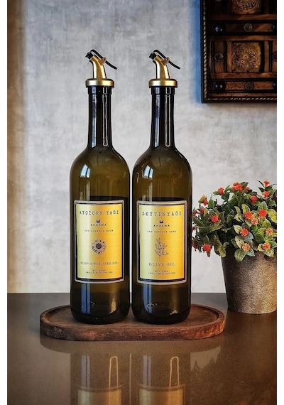 Khakma Ahşap Standlı Zeytinyağı Sıvıyağ Şişesi Yağdanlık 2'li Amber - Gold 750 ML