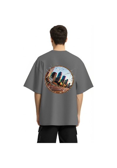 Nevermind Unisex Oversize Tişört Ön Yazı Ve Arka Şehir Manzaralı Kırık Ca Antrasit