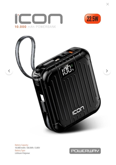 İcon 10.000 Mah Pd 22.5 W Hızlı Şarj Gerçek 10.000 Mah li Led Fener Dijital Icon Powerbank Siyah