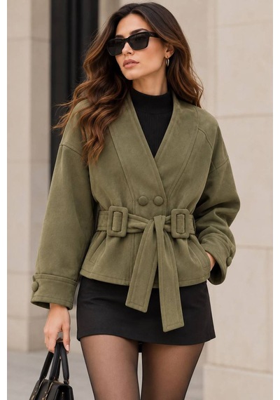 Neşeli Butik Kadın Haki Süet Dokulu V Yaka Çift Düğmeli Tokalı Kuşaklı Oversize Ceket Nbk020