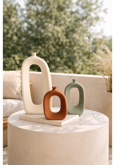 Modern Beton Dekoratif Vazo Seti 3 Lü Bohem & Minimal Tasarım 35 Cm 21 Cm 18 Cm Beyaz-adaçayı-tarçın