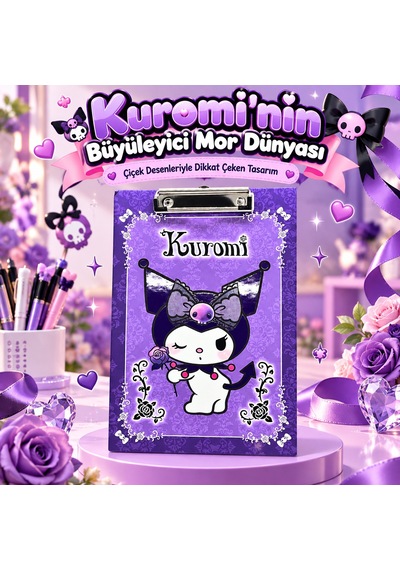 Bakgelal Kuromi Mor Güllü Desenli Metal Mandal Klipsli Sekreterlik Ve Bloknot Altlığı A4 Uyumlu - 9018222117087