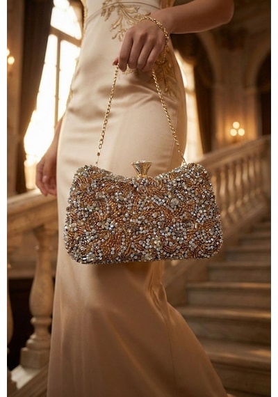 Vivazzaluxe Kristal Taşlı Kadın Abiye, Clutch Çanta Bronz