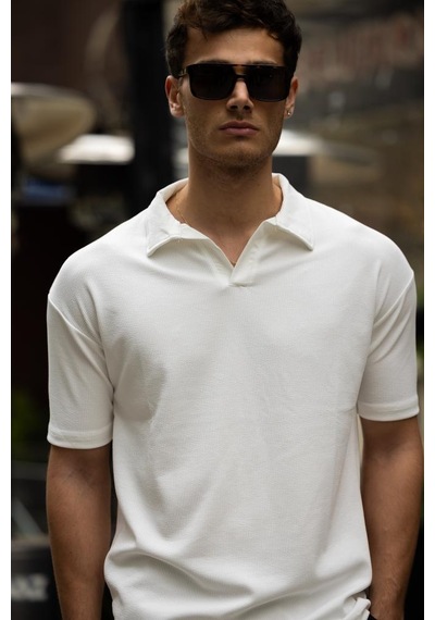 Glasses V Yaka Oversize Fitilli T-shirt - Beyaz Beyaz