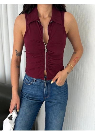Defymoda Yakalı Tam Fermuarlı Kolsuz Bluz - Bordo Bordo