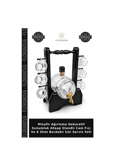 Misafir Ağırlama Dekoratif Sunumluk Ahşap Standlı Cam Fıçı Ve 6 Shot Bardaklı İçki Servis Seti Çok Renkli